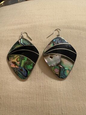 Mexico Alpaca Abalone Inlay Black Enamel Dangle Earrings 2.5”